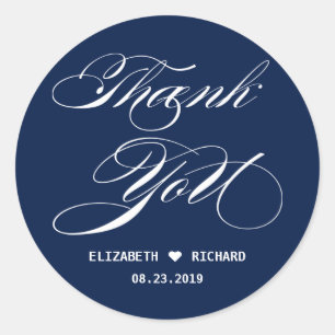 Navy Blue Elegant Script Thank You Wedding Favour  Classic Round Sticker