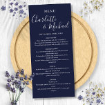 Navy Blue Elegant Signature Script Wedding  Menu<br><div class="desc">Simple modern navy blue signature script wedding menu card featuring signature style names,  this elegant menu card can be personalised with your details in white lettering. Designed by Thisisnotme©</div>