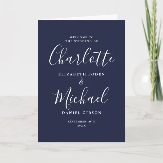 Navy Blue Elegant Signature Script Wedding Programme (Front)