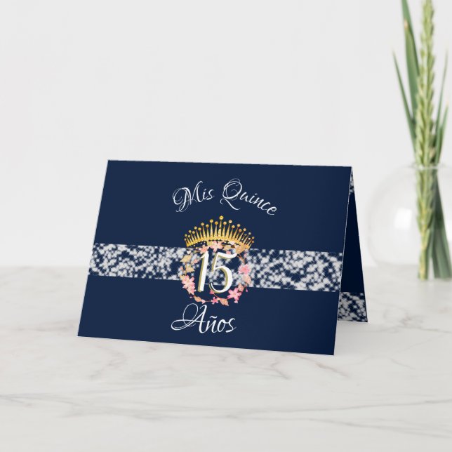 Navy Blue Elegant Silver Quinceañera Spanish Invitation (Front)