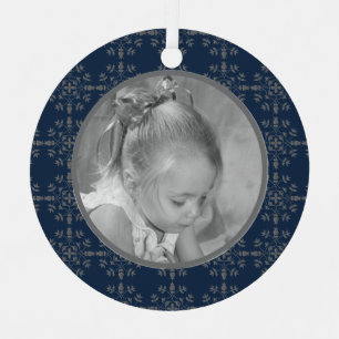 Navy Blue Elegant Snowflake Photo Christmas Metal Tree Decoration