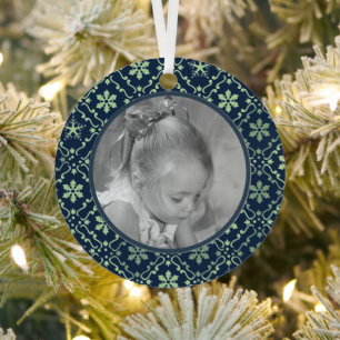 Navy Blue Elegant Snowflake Photo Christmas Metal Tree Decoration