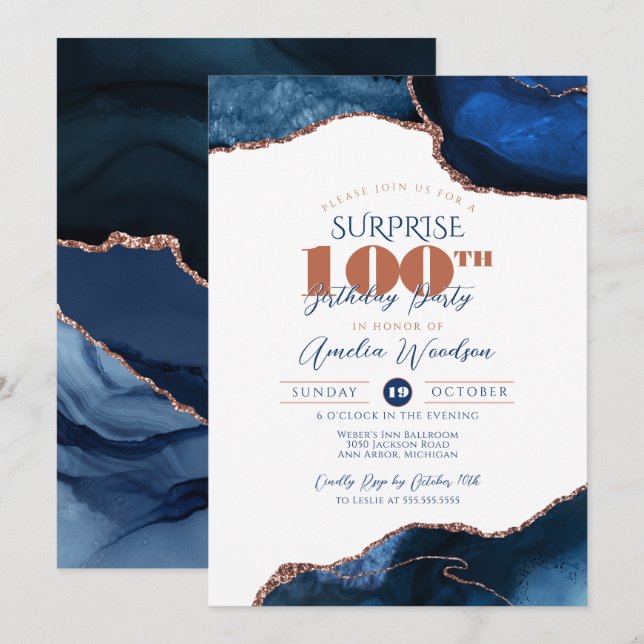 Navy Blue Elegant Surprise Adult 100th Birthday  Invitation (Front/Back)