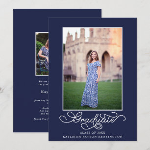 Navy Blue Elegant Typography Graduation Photo Announcement