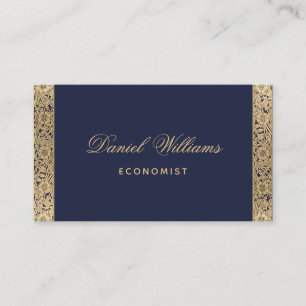 Navy Blue Elegant Vintage Gold Roses & Calligraphy Business Card