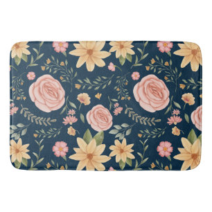Navy Blue Elegant Vintage Wildflower Rose Pattern Bath Mat