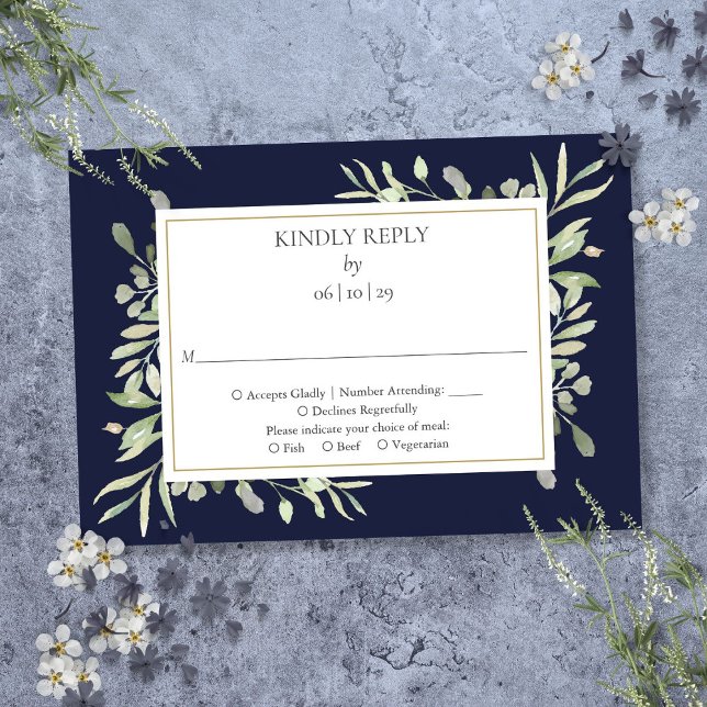 Navy Blue Elegant Watercolor Greenery RSVP (Navy Blue Elegant Watercolor Greenery RSVP)