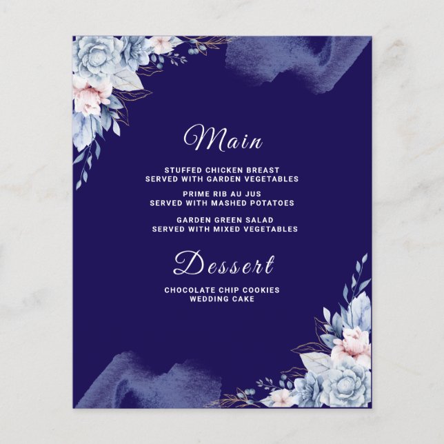 Navy blue elegant wedding Menu card (Front)