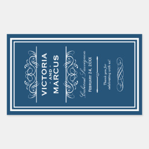 Navy Blue Elegant Wedding Monogram Wine Bottle Rectangular Sticker