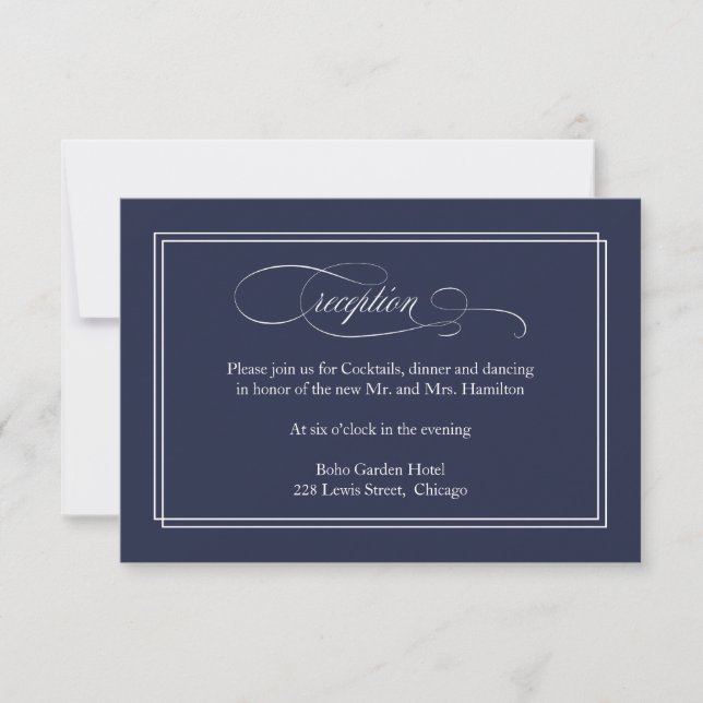 Navy Blue Elegant Wedding Reception Card (Front)