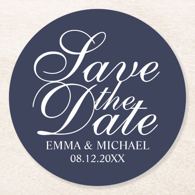 Navy Blue Elegant Wedding Save the Date Round Paper Coaster (Front)