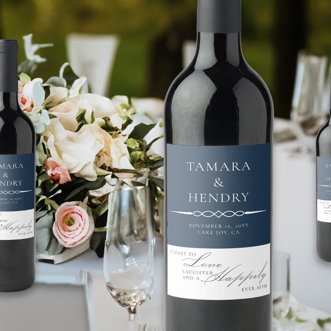 Navy Blue Elegant Wedding Toast Wine Label (Wedding Toast navy blue wine labels from my Wedding Colors collection)