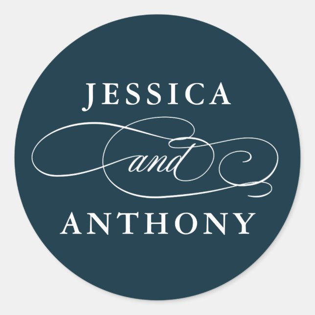 Navy Blue Elegant Wedding with Couple's Names Classic Round Sticker (Front)