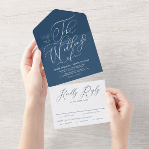 Navy Blue Elegant Whimsical Calligraphy Wedding All In One Invitation