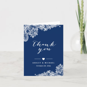 Navy Blue Elegant White Lace Floral Thank You Card