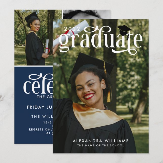 Navy Blue Elegant White Overlay Photo Graduate Invitation (Front/Back)
