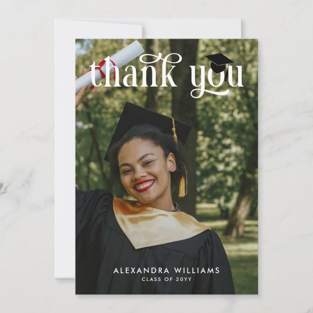 Navy Blue Elegant White Overlay Photo Graduate Thank You Card (Front)