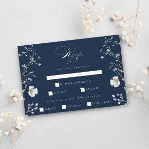 Navy Blue Elegant Winter Wildflowers Wedding RSVP Card