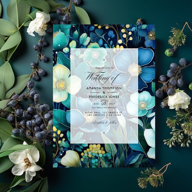 Navy Blue, Emerald Green and Silver Floral Wedding Invitation (Creator Uploaded)