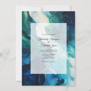 Navy Blue, Emerald Green and Silver Ink Wedding Invitation