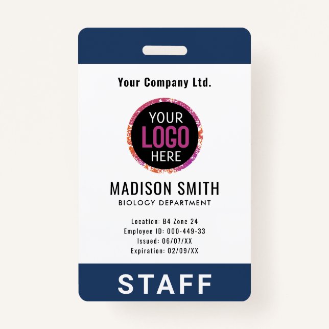 Navy Blue Employee Name Business Logo kotche ID Badge (Front)