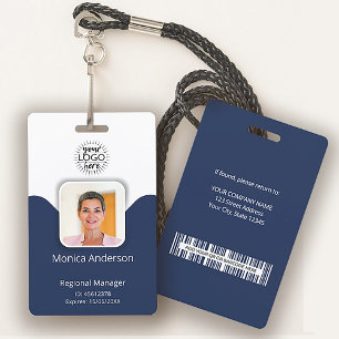 Navy Blue Employee Photo ID Name QR Bar Code ID Badge