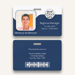 Navy Blue Employee Photo ID Name QR Bar Code ID Badge