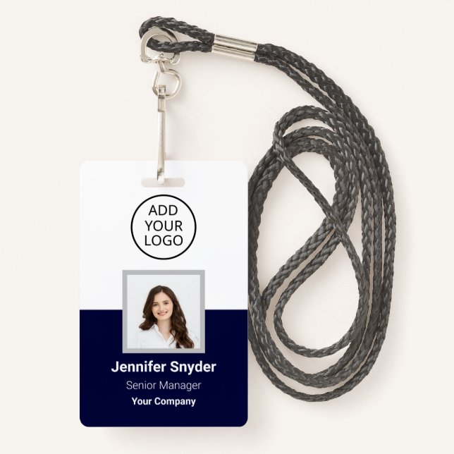 Navy Blue, Employee Photo ID w/ QR Code, Company ID Badge (Front with Lanyard)