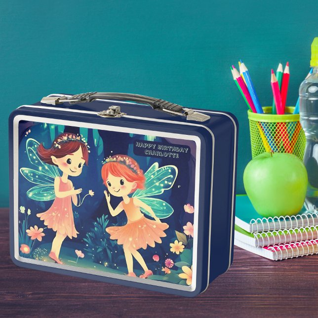 Navy Blue Enchanted Forest Fairies Birthday Photo Metal Lunch Box (Front)