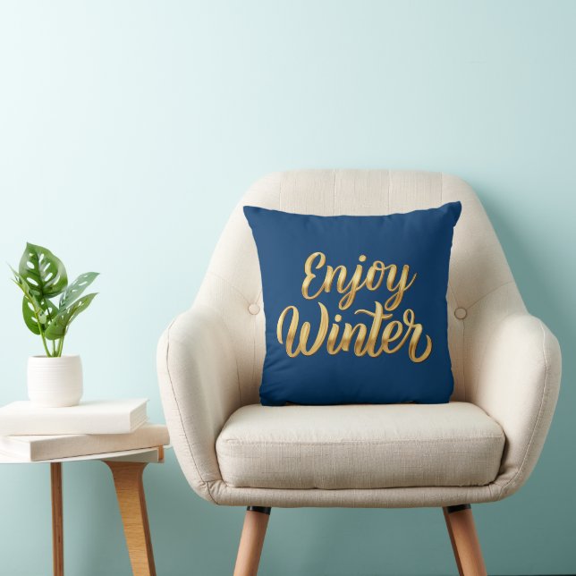Navy Blue Enjoy Winter - Gold Script Holiday Decor Cushion (Chair)