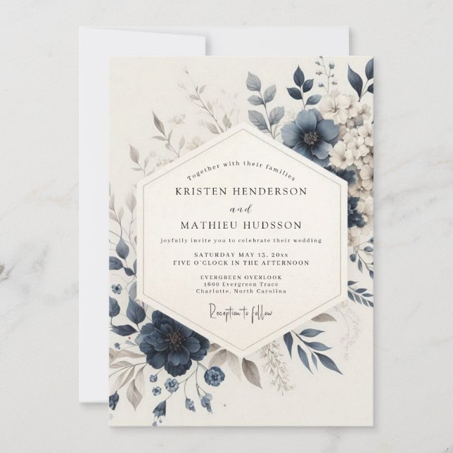 Navy Blue Ethereal Bloom Wedding Invitation (Front)