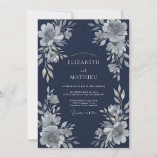 Navy Blue Ethereal Floral Romance Wedding Invitation