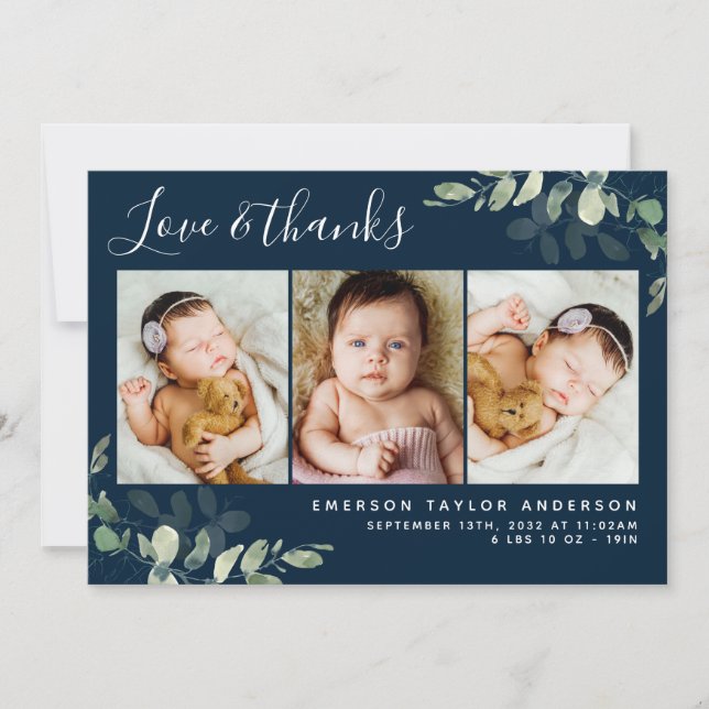 Navy Blue Eucalyptus 3 Photo Baby Birth Stats   Thank You Card (Front)
