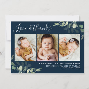 Navy Blue Eucalyptus 3 Photo Baby Birth Stats   Thank You Card