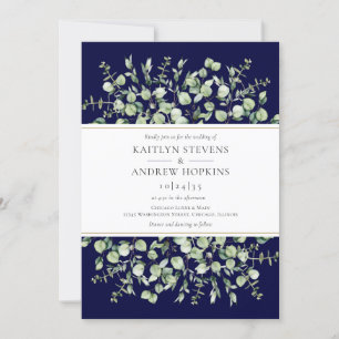 Navy Blue Eucalyptus All In One Wedding Invitation