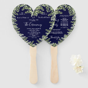 Navy Blue Eucalyptus Fall Autumn Heart Shaped Hand Fan
