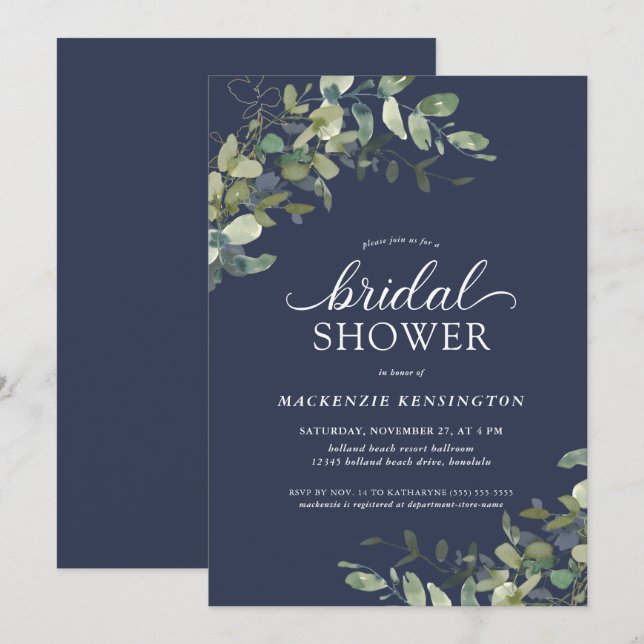 Navy Blue Eucalyptus Greenery Bridal Shower Invitation (Front/Back)