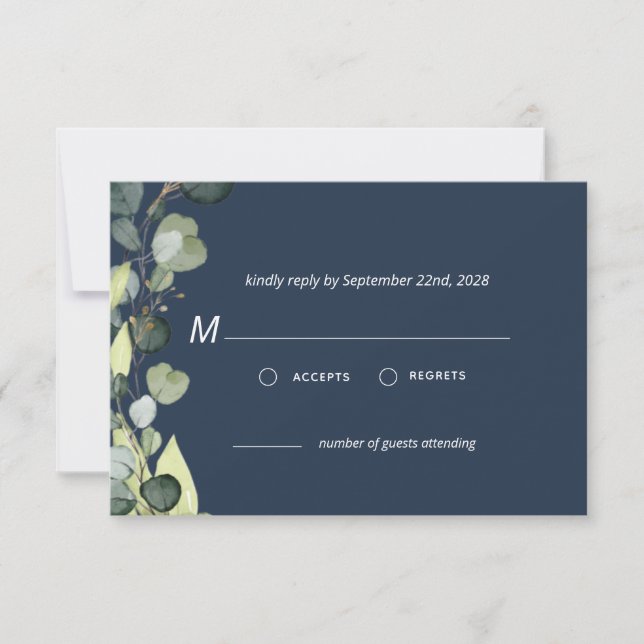 Navy Blue Eucalyptus Greenery RSVP Simple  Invitation (Front)