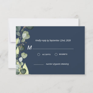 Navy Blue Eucalyptus Greenery RSVP Simple Invitation