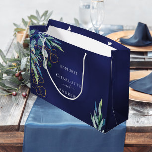 Navy blue eucalyptus greenery wedding large gift bag