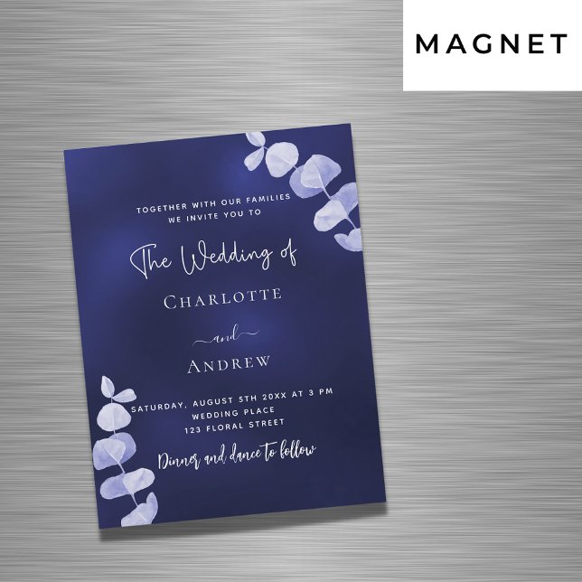 Navy blue eucalyptus luxury wedding magnetic invitation (Creator Uploaded)