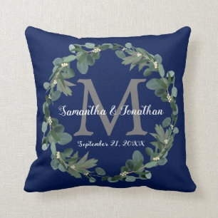 Navy Blue Eucalyptus Monogram Wedding Keepsake Cushion