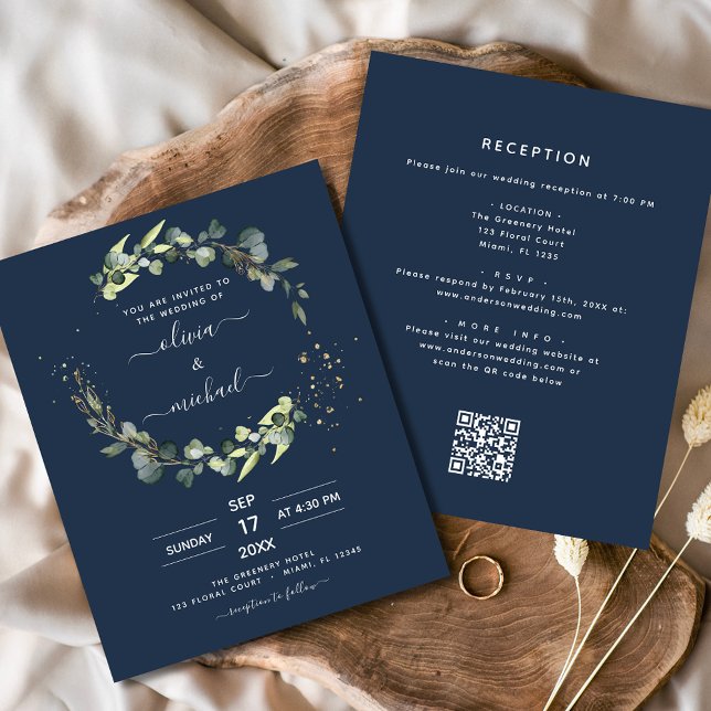 Navy Blue Eucalyptus QR Code Wedding Invitation Flyer (Creator Uploaded)