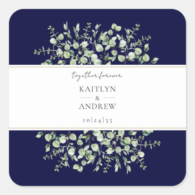 Navy Blue Eucalyptus Together Forever Wedding  Square Sticker (Front)