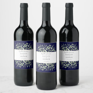 Navy Blue Eucalyptus Together Forever Wedding Wine Label