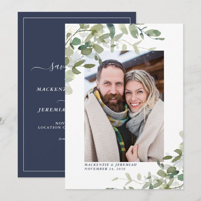 Navy Blue Eucalyptus Wedding Photo Save the Date (Front/Back)