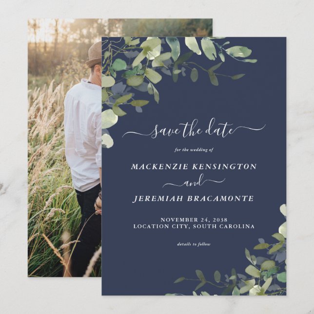 Navy Blue Eucalyptus Wedding Photo Save the Date (Front/Back)