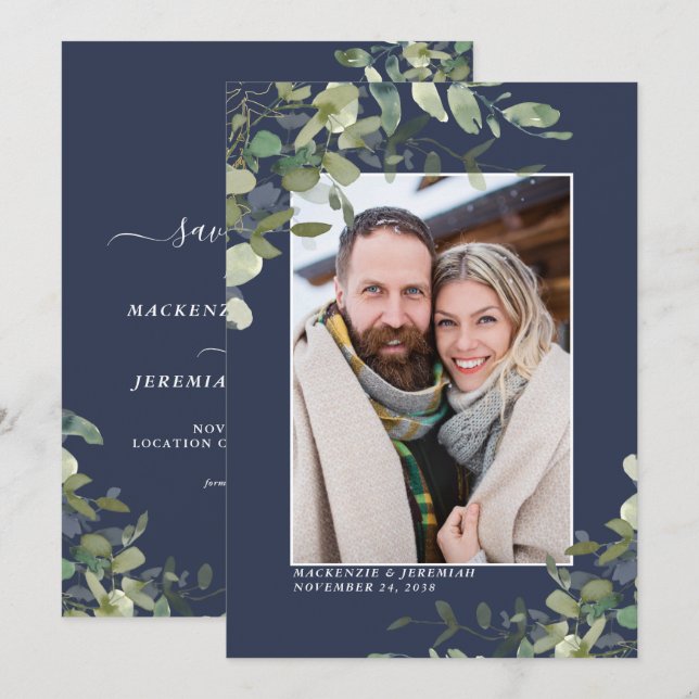 Navy Blue Eucalyptus Wedding Photo Save the Date (Front/Back)