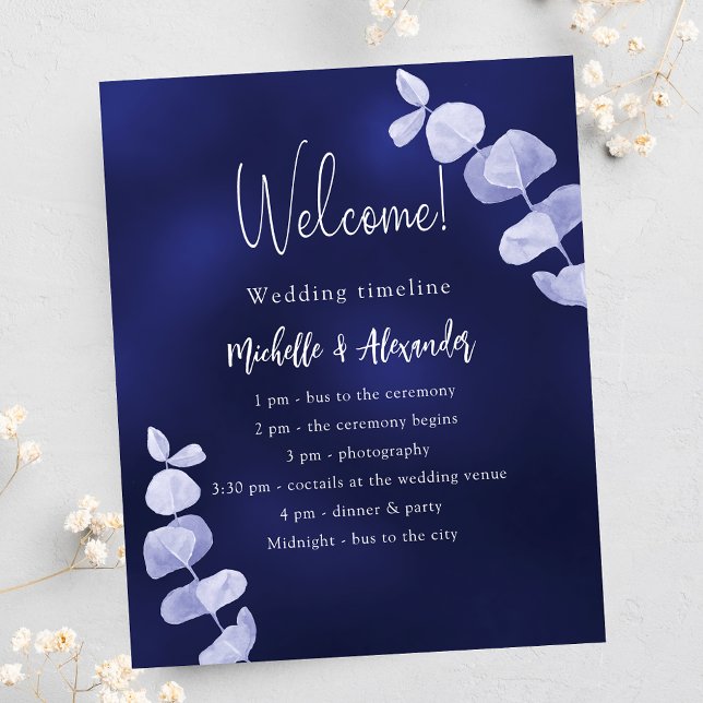 Navy blue eucalyptus wedding program timeline (Creator Uploaded)