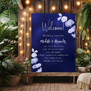 Navy blue eucalyptus wedding program timeline poster